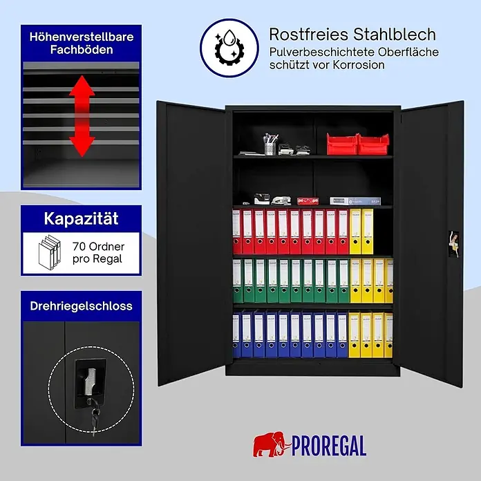 Proregal Aktenschrank Mega Deal 3x ELEPHANT komplett montiert - B x T x H: 120 x 40 x 180 cm, Schwarz - Schwarzer, pulverbeschichteter Stahl-Aktenschrank mit offenen Türen, verstellbaren Fachböden und Drehriegelschloss für Bürolagerung.