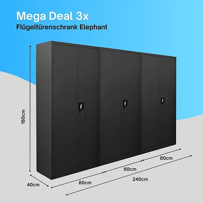 Proregal Aktenschrank Mega Deal 3x ELEPHANT komplett montiert - B x T x H: 80 x 40 x 180 cm, Schwarz - Drei dunkelgraue Flügeltürenschränke aus Metall, jeweils 80cm breit, mit Maßen: 180cm hoch, 40cm tief, 240cm Gesamtbreite.