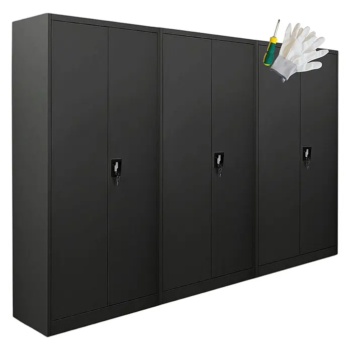 Proregal Aktenschrank Mega Deal 3x ELEPHANT mit 2 Türen, abschließbar - Schwarz - Drei schwarze Metallschränke mit Schlüsseln; Schraubendreher und Handschuhe abgebildet.