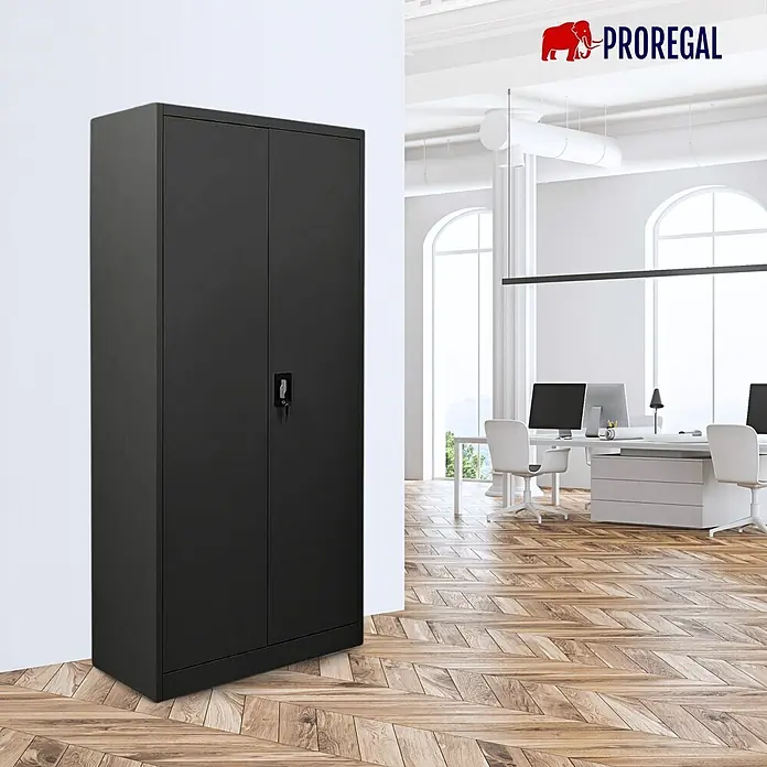 Proregal Aktenschrank ELEPHANT komplett montiert - B x T x H: 80 x 40 x 180 cm, Schwarz - Schwarzer zweitüriger Metallschrank mit Schloss in einem modernen Büroumfeld.