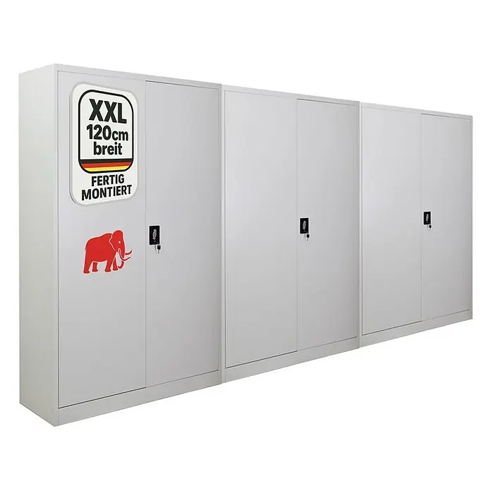 Proregal Aktenschrank Mega Deal 3x ELEPHANT komplett montiert - Lichtgrau - Drei hellgraue Metall-Aktenschränke, jeder mit Schloss und Schlüssel.
