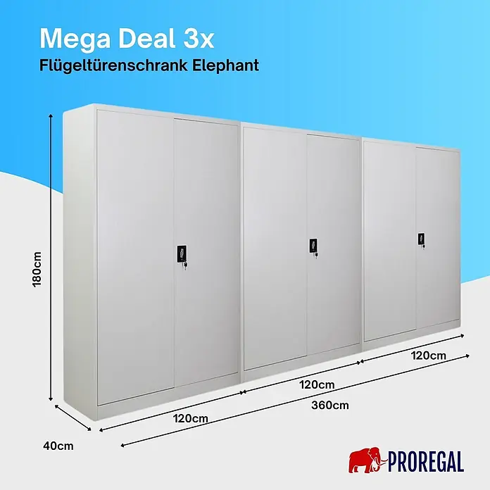 Proregal Aktenschrank Mega Deal 3x ELEPHANT komplett montiert - Lichtgrau - Drei graue Flügeltürenschränke aus Metall mit Schlüsseln, 180cm hoch, 40cm tief, 360cm Gesamtbreite.