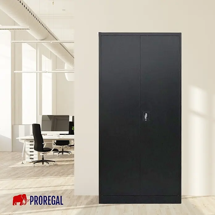 Proregal Aktenschrank ELEPHANT komplett montiert - B x T x H: 80 x 40 x 180 cm, Schwarz - Schwarzer Metall-Büroschrank mit zwei Türen und Schloss, steht in einem modernen Büro.