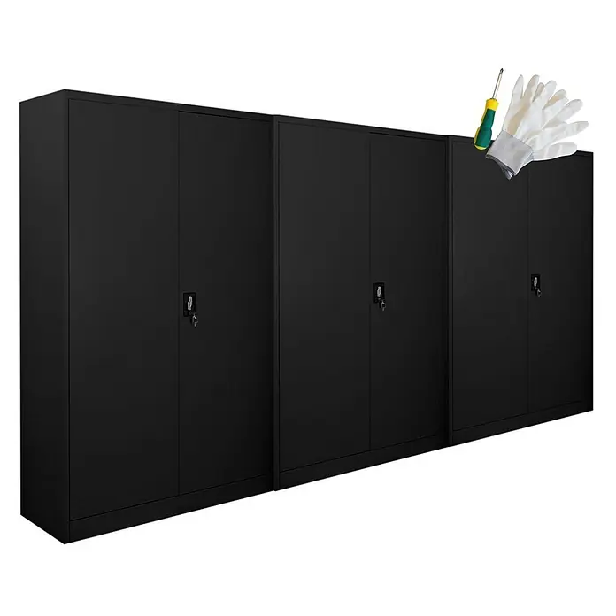 Proregal Aktenschrank Mega Deal 3x ELEPHANT mit 2 Türen, abschließbar - Schwarz - Drei schwarze Metallschränke mit Schraubendreher und Handschuhen.