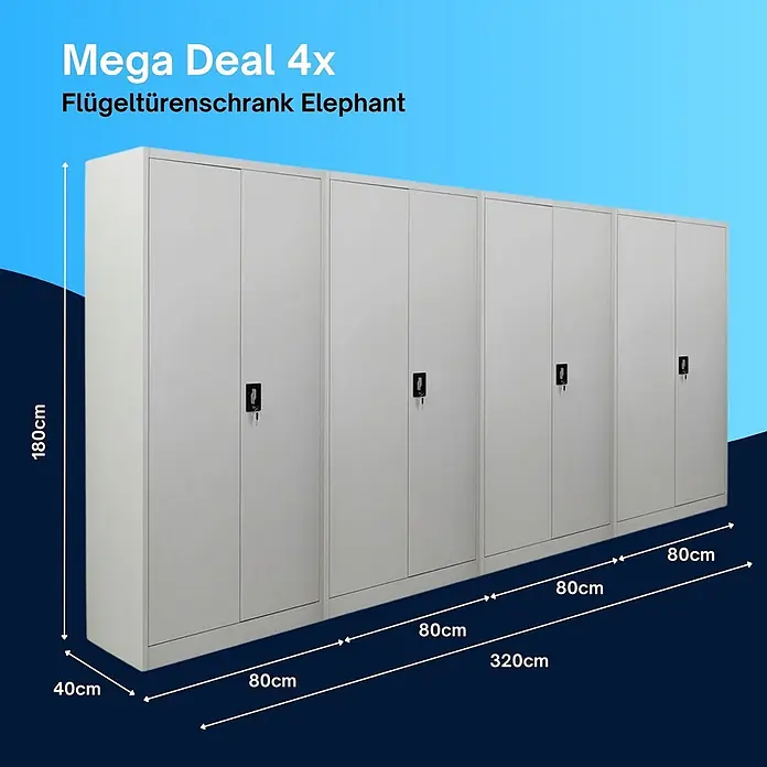 Proregal Aktenschrank Mega Deal 4x ELEPHANT mit 2 Türen, abschließbar - Lichtgrau - Vier hellgraue Flügeltürenschränke aus Metall, je 80cm breit, 180cm hoch und 40cm tief, mit Schlössern.