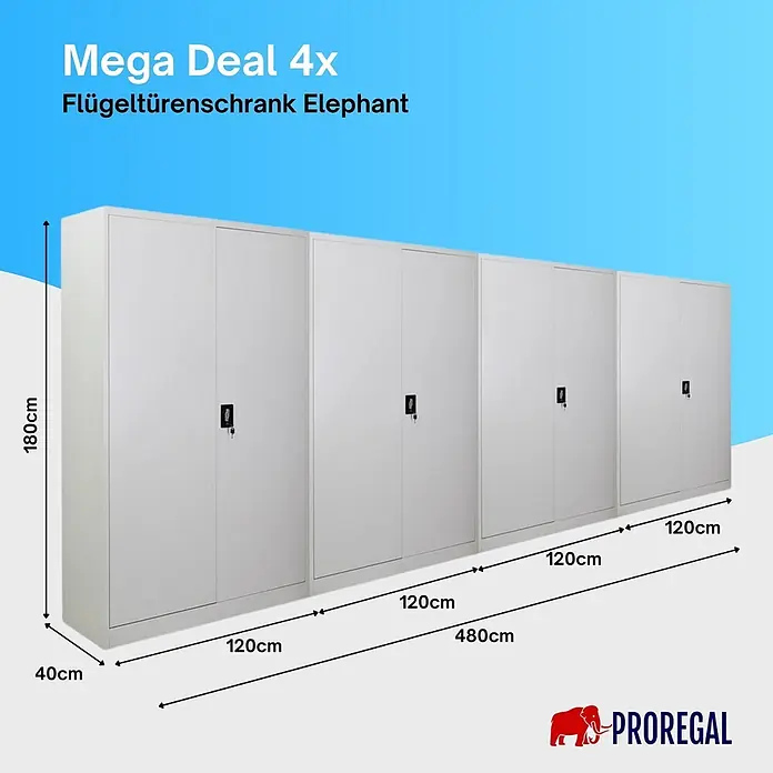 Proregal Aktenschrank Mega Deal 4x ELEPHANT komplett montiert - Lichtgrau - Vier graue Flügeltürenschränke aus Metall, je 180x120x40cm, für robuste Lagerung.