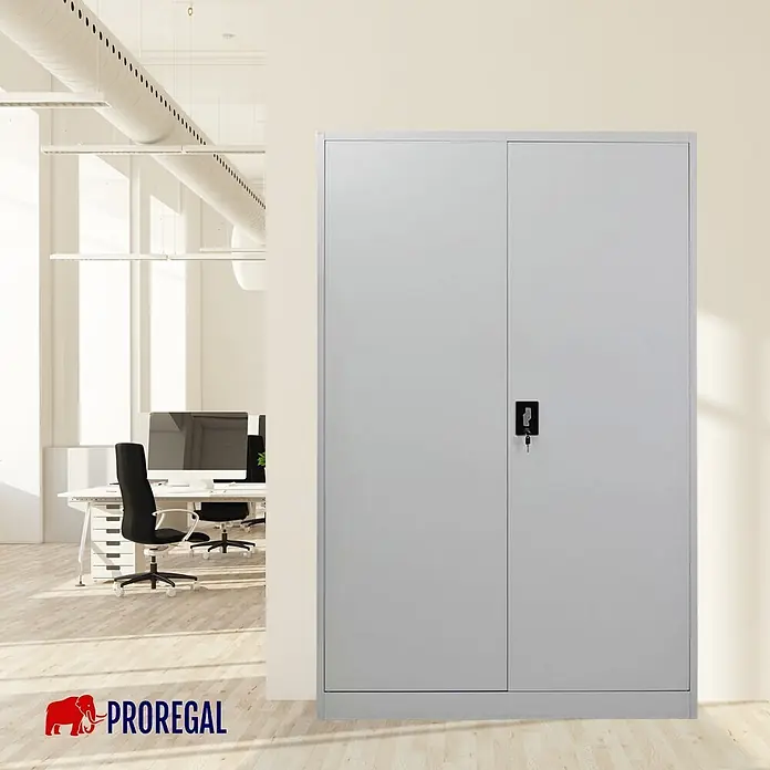 Proregal Aktenschrank ELEPHANT mit 2 Türen, abschließbar - Lichtgrau - Grauer Metall-Büroschrank mit zwei Schiebetüren und Schloss, in einem modernen Büro.