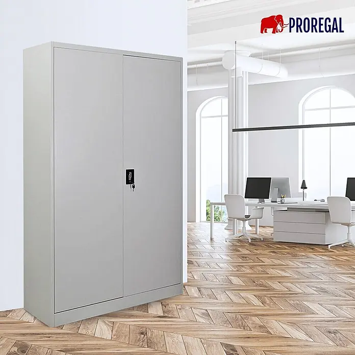 Proregal Aktenschrank ELEPHANT mit 2 Türen, abschließbar - Lichtgrau - Hellgrauer Metallschrank mit zwei Türen und Schloss, in einem modernen Büroambiente.