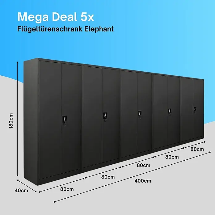 Proregal Aktenschrank Mega Deal 5x ELEPHANT komplett montiert - Schwarz - Fünf schwarze Metall-Flügeltürenschränke, je 180cm hoch, 80cm breit und 40cm tief.