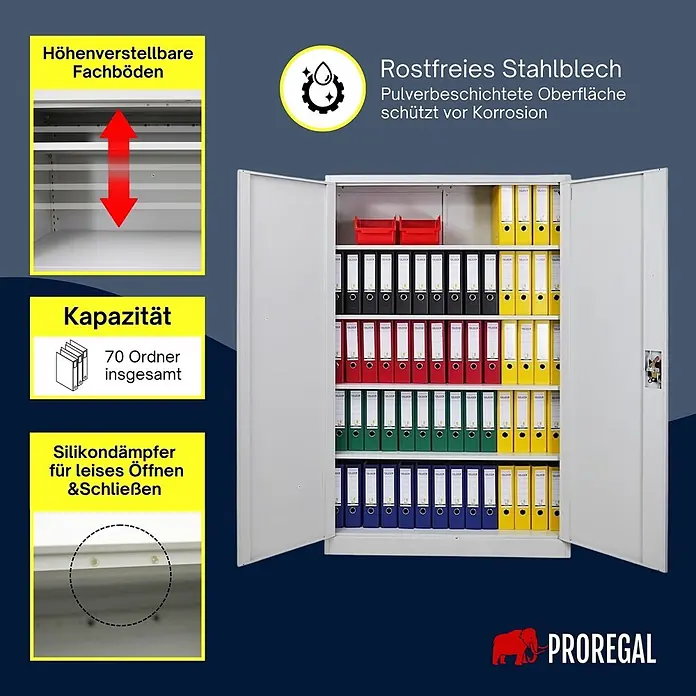 Proregal Aktenschrank ELEPHANT mit 2 Türen, abschließbar - Lichtgrau - Grauer Metall-Büroschrank mit verstellbaren Fachböden für Ordner, leisen Türen und korrosionsbeständiger Oberfläche.