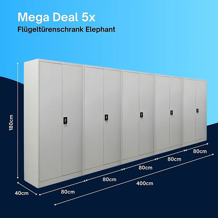 Proregal Aktenschrank Mega Deal 5x ELEPHANT komplett montiert - Lichtgrau - Fünf graue Flügeltürenschränke aus Metall, je 180x80x40cm, Gesamtbreite 400cm.