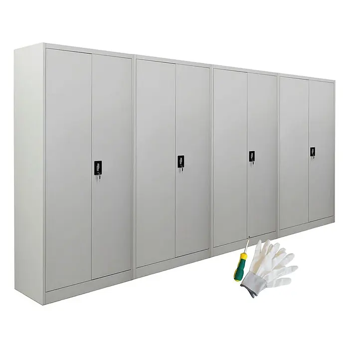 Proregal Aktenschrank Mega Deal 4x ELEPHANT mit 2 Türen, abschließbar - Lichtgrau - Fünf graue Stahlschränke mit Schlössern und Schlüsseln, plus Montagewerkzeuge (Schraubendreher, Handschuhe).
