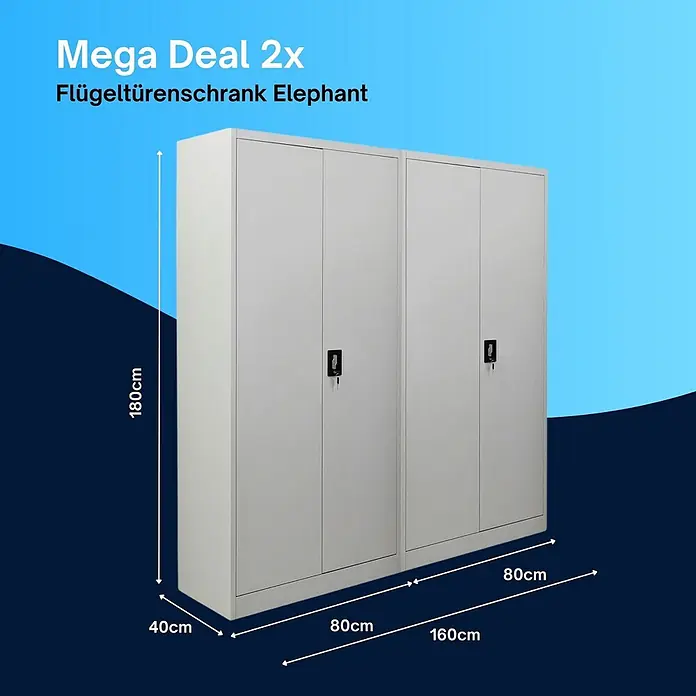 Proregal Aktenschrank Mega Deal 2x ELEPHANT mit 2 Türen, abschließbar - Lichtgrau - Zwei hellgraue Flügeltürenschränke aus Metall mit Schlössern, 180x160x40cm, im Doppelpack.