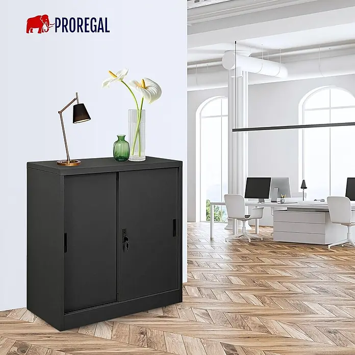 Proregal Aktenschrank ELEPHANT mit abschließbaren Schiebetüren - Schwarz - Schwarzer Metall-Büroschrank mit Schiebetüren und Schloss.