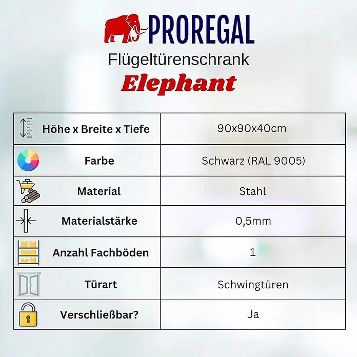 Proregal Aktenschrank ELEPHANT mit abschließbaren Schiebetüren - Schwarz - PROREGAL Flügeltürenschrank Elephant Spezifikationen: Stahl, schwarz (RAL 9005), 90x90x40cm, 0,5mm Materialstärke, Schwingtüren, ein Fachboden, verschließbar.
