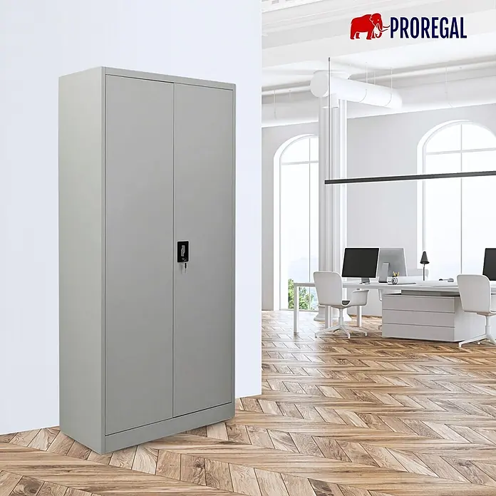 Proregal Aktenschrank ELEPHANT komplett montiert - Lichtgrau - Hellgrauer Metall-Aktenschrank mit zwei Türen und Schloss, in einem modernen Büro.