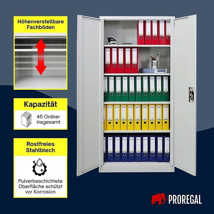 Proregal Aktenschrank ELEPHANT komplett montiert - Lichtgrau - Weißer Metall-Büroschrank mit offenen Türen zeigt verstellbare Regalböden voller Aktenordner.