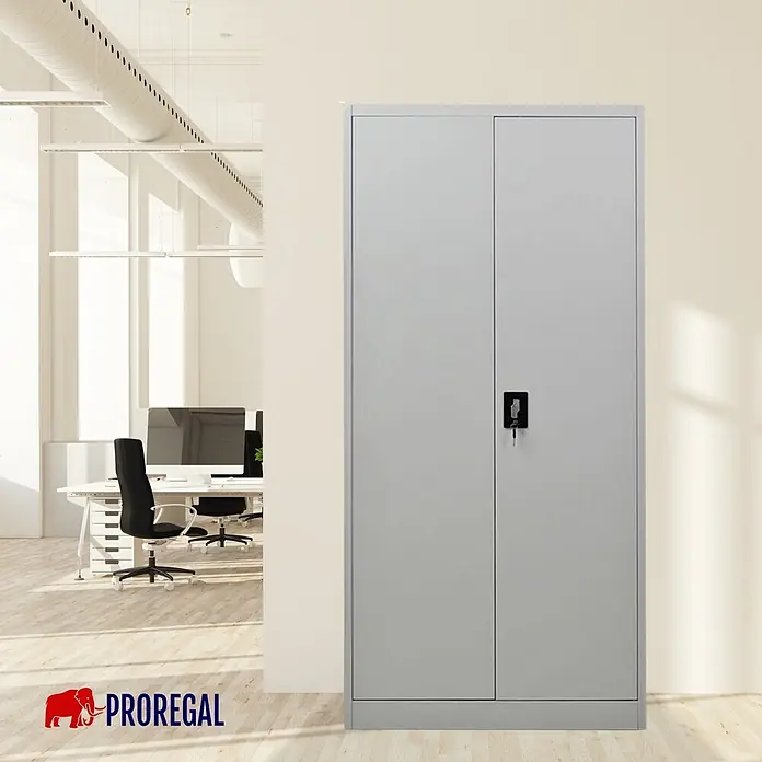 Proregal Aktenschrank ELEPHANT komplett montiert - Lichtgrau - Hoher grauer Metallschrank mit zwei Türen und Schloss, stehend in einem modernen Büro.