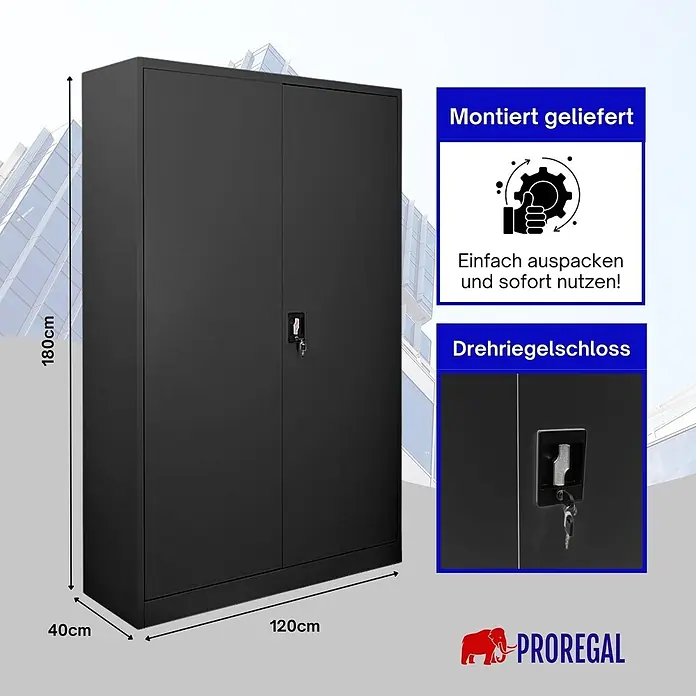 Proregal Aktenschrank ELEPHANT komplett montiert - Schwarz - Schwarzer Metallschrank mit zwei Türen und Drehriegelschloss. Maße: 180x120x40cm (HxBxT).
