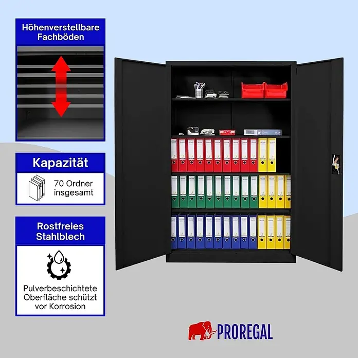 Proregal Aktenschrank ELEPHANT komplett montiert - Schwarz - Schwarzer Stahlschrank mit höhenverstellbaren Fachböden, fasst 70 Aktenordner, pulverbeschichtet und rostfrei.