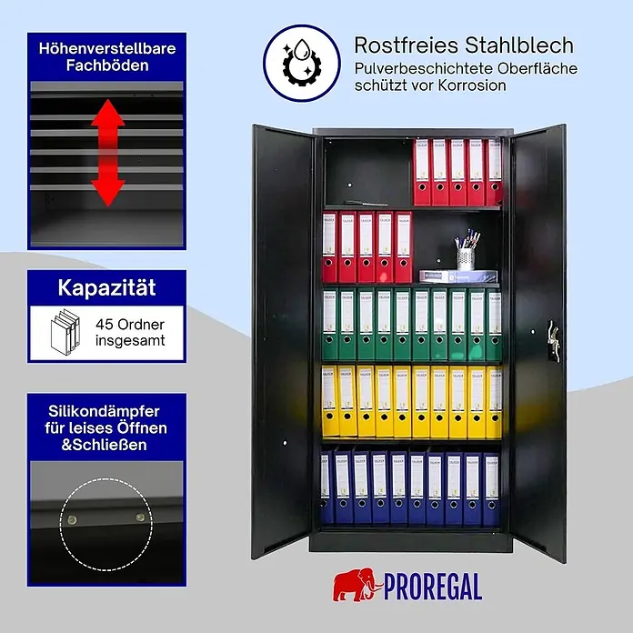 Proregal Aktenschrank ELEPHANT mit 2 Türen, abschließbar - B x T x H: 80 x 40 x 180 cm, Schwarz - Schwarzer Metall-Büroschrank mit verstellbaren Fachböden, gefüllt mit Ordnern. Korrosionsbeständig, pulverbeschichtet und leise schließend.
