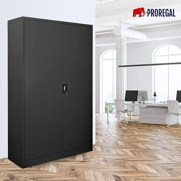 Proregal Aktenschrank ELEPHANT komplett montiert - Schwarz - Schwarzer Metall-Aktenschrank mit zwei Türen und Schloss in modernem Büro.