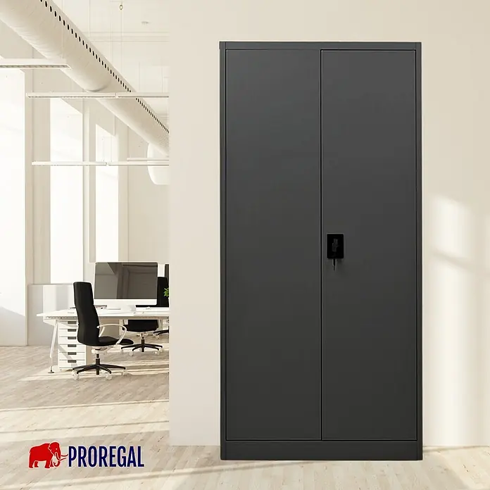 Proregal Aktenschrank ELEPHANT mit 2 Türen, abschließbar - B x T x H: 80 x 40 x 180 cm, Schwarz - Dunkelgrauer Metall-Aktenschrank mit zwei Türen und Schloss, in einem modernen Büro.