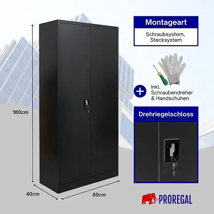 Proregal Aktenschrank ELEPHANT mit 2 Türen, abschließbar - B x T x H: 80 x 40 x 180 cm, Schwarz - Schwarzer Metallschrank, 180x80x40cm, mit Drehriegelschloss. Montage als Schraub- und Stecksystem, inkl. Schraubendreher & Handschuhe.