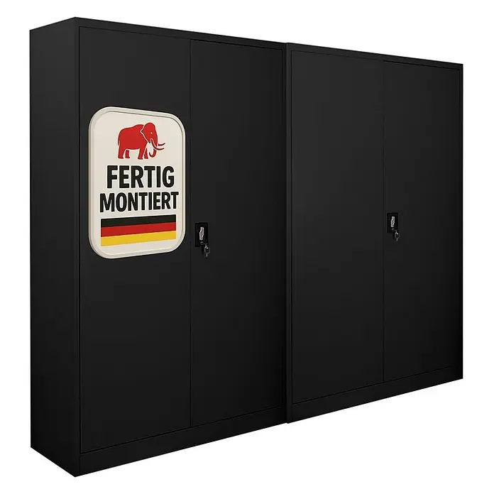 Proregal Aktenschrank Mega Deal 2x ELEPHANT komplett montiert - Schwarz - Zwei schwarze Metallschränke, jeweils mit zwei Türen & Schlüsselschloss. Linker Schrank hat "fertig montiert" Aufkleber mit deutscher Flagge.