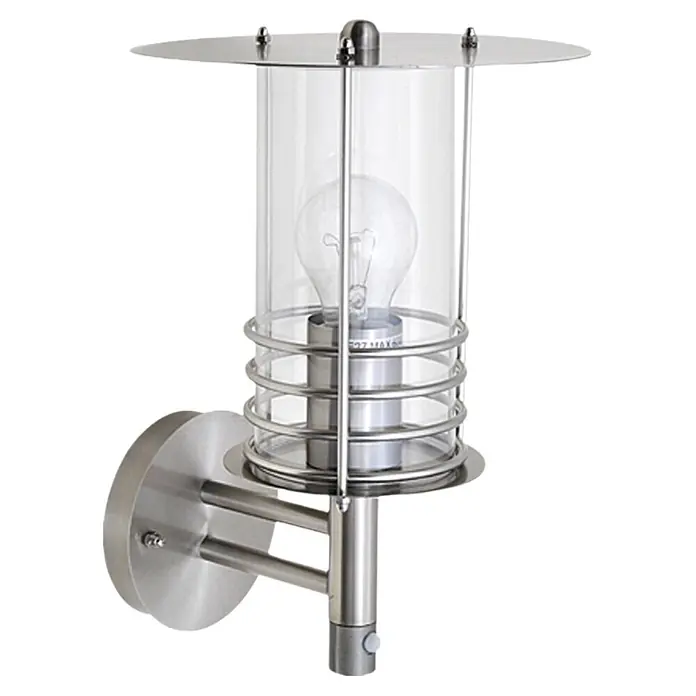 Starlux Silver Star II Außenwandleuchte mit Bewegungsmelder stehend - 60 W, 24 x 22 x 35 cm, Silber, IP44 - Moderne Wandleuchte aus Edelstahl mit klarem Zylinderglas und kreisförmigem Schirm. Ideal für den Außenbereich und spendet ein schönes Licht.