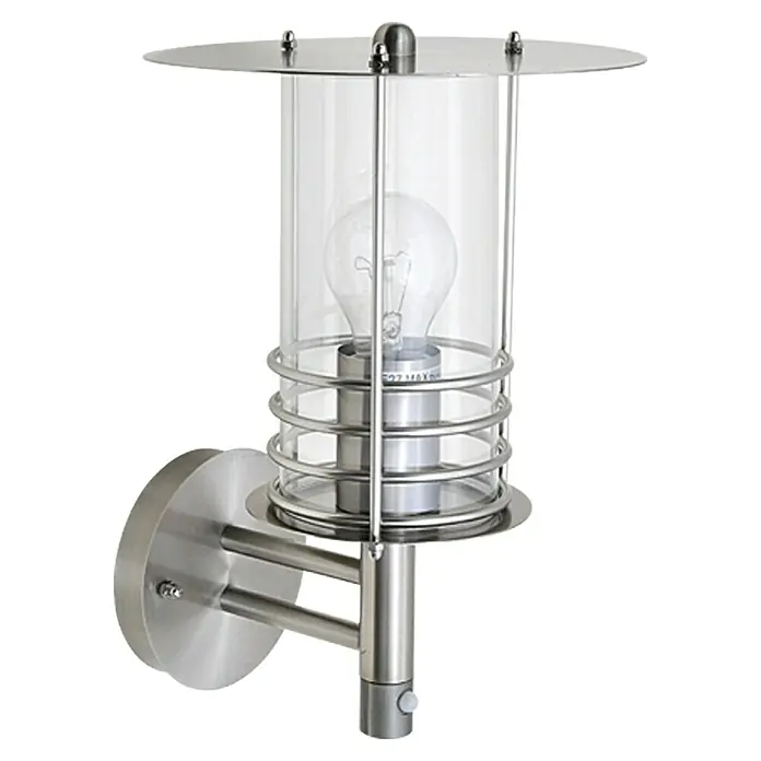 Starlux Silver Star II Außenwandleuchte mit Bewegungsmelder stehend - 60 W, 24 x 22 x 35 cm, Silber, IP44 - Moderne Wandleuchte aus Edelstahl mit klarem Zylinderglas und kreisförmigem Schirm. Ideal für den Außenbereich und spendet ein schönes Licht.