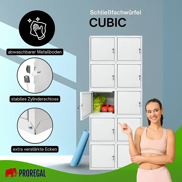 Proregal Schließfachschrank Mega Deal 10x Cubic - Grau, Zerlegt - Weißes, stapelbares Schließfachsystem aus Metall mit einzelnen, abschließbaren Fächern, von einer Frau gezeigt.