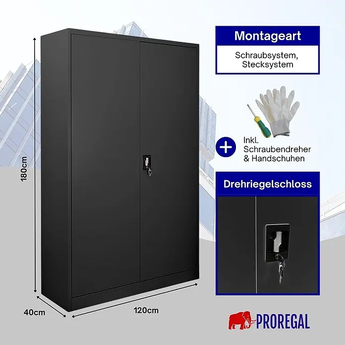 Proregal Aktenschrank ELEPHANT mit 2 Türen, abschließbar - Schwarz - Schwarzer Metallschrank, 180x120x40cm, mit zwei Türen und Drehriegelschloss. Schraub- und Stecksystem Montage.