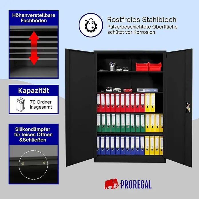 Proregal Aktenschrank ELEPHANT mit 2 Türen, abschließbar - Schwarz - Schwarzer Metallschrank mit offenen Türen, verstellbaren Böden, Korrosionsschutz, Soft-Close-Funktion und einer Kapazität für 70 Ordner.