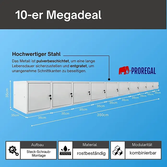Proregal Schließfachschrank Mega Deal 10x Cubic - Grau, Zerlegt - Zehn weiße, pulverbeschichtete modulare Metall-Spinde, mit Maßen dargestellt.