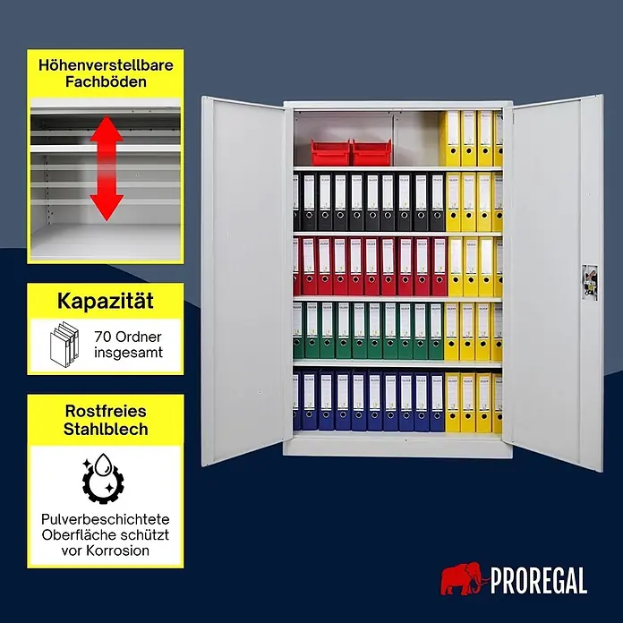 Proregal Aktenschrank ELEPHANT komplett montiert - B x T x H: 120 x 40 x 180 cm, Lichtgrau - Grauer pulverbeschichteter Stahl-Aktenschrank mit offenen Türen, verstellbaren Regalböden und vielen bunten Ordnern. Platz für 70 Ordner, rostfrei.