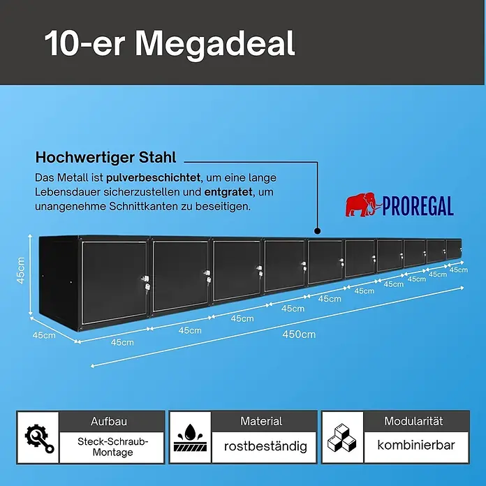 Proregal Schließfachschrank Mega Deal 10x Cubic XL - H x B x T: 45 x 45 x 45 cm, Schwarz, Zerlegt - Zehn schwarze, modulare Stahlschränke mit den Maßen 45x45x450cm, rostbeständig und pulverbeschichtet.