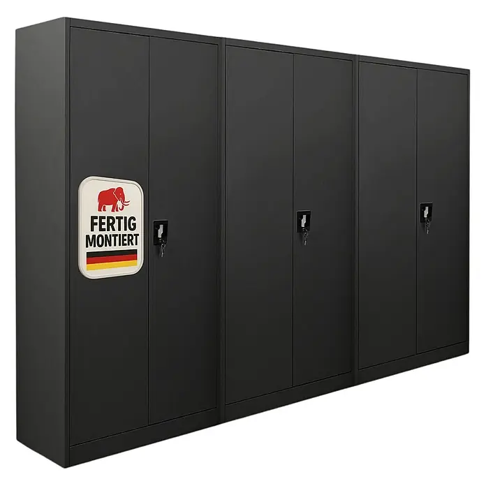 Proregal Aktenschrank Mega Deal 3x ELEPHANT komplett montiert - B x T x H: 80 x 40 x 180 cm, Schwarz - Drei dunkelgraue Metall-Aktenschränke mit Schlössern und einem „Fertig Montiert“-Aufkleber mit Elefantenlogo und deutscher Flagge.