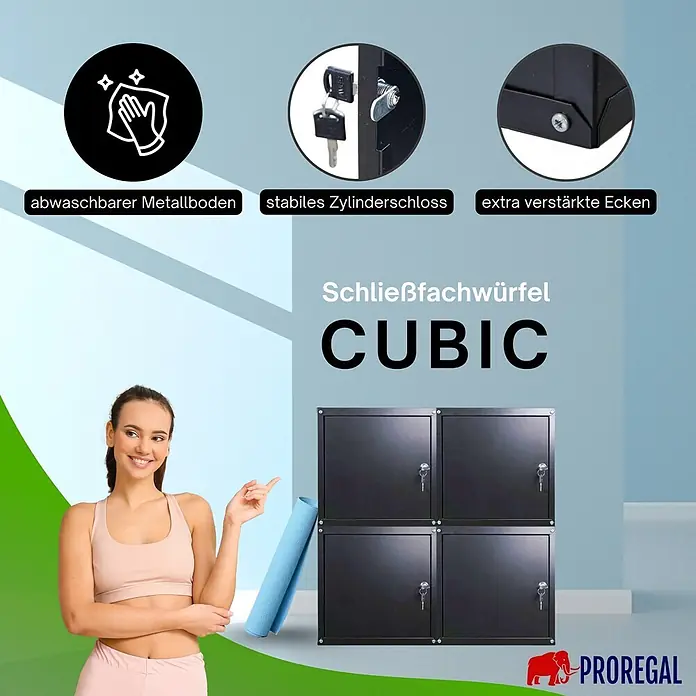 Proregal Schließfachschrank Mega Deal 4x Cubic - Schwarz, Zerlegt - Schwarze CUBIC Schließfachwürfel mit stabilen Zylinderschlössern, verstärkten Ecken und abwaschbarem Metallboden, in einer Sportumgebung gezeigt.