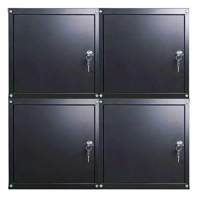 Proregal Schließfachschrank Mega Deal 4x Cubic - Schwarz, Zerlegt - Schwarzer Metallschrank mit vier Fächern, jeweils mit Schloss und Schlüssel.