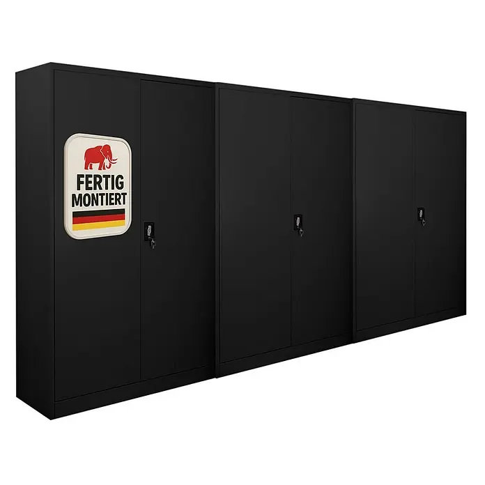 Proregal Aktenschrank Mega Deal 3x ELEPHANT komplett montiert - B x T x H: 120 x 40 x 180 cm, Schwarz - Reihe schwarzer Metallschränke mit Schlössern und „fertig montiert“-Aufkleber mit Deutschlandflagge auf der ersten Einheit.