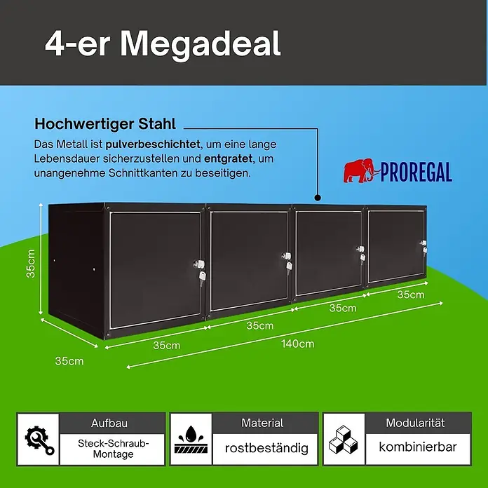Proregal Schließfachschrank Mega Deal 4x Cubic - Schwarz, Zerlegt - Vier schwarze modulare Stahlschränke mit Schlössern, je 35x35cm, insgesamt 140cm lang. Rostbeständig und kombinierbar.