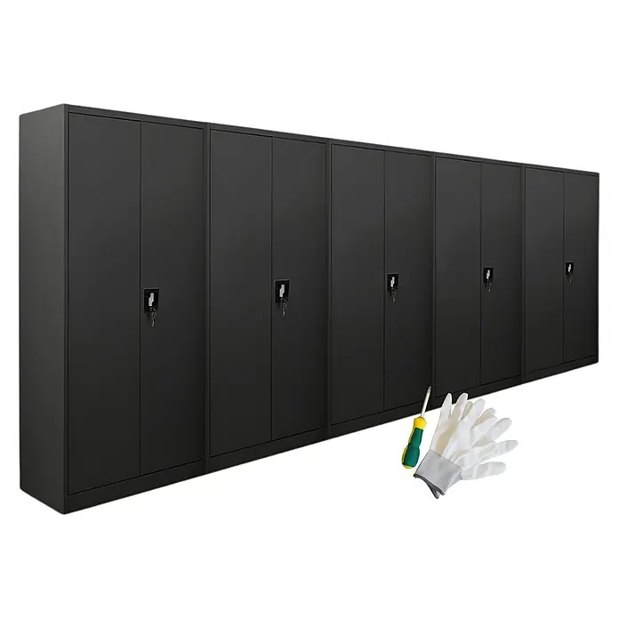 Proregal Aktenschrank Mega Deal 5x ELEPHANT mit 2 Türen, abschließbar - Schwarz - Reihe dunkelgrauer Metallschränke mit Schlössern, dazu Montageschraubendreher und Handschuhe.