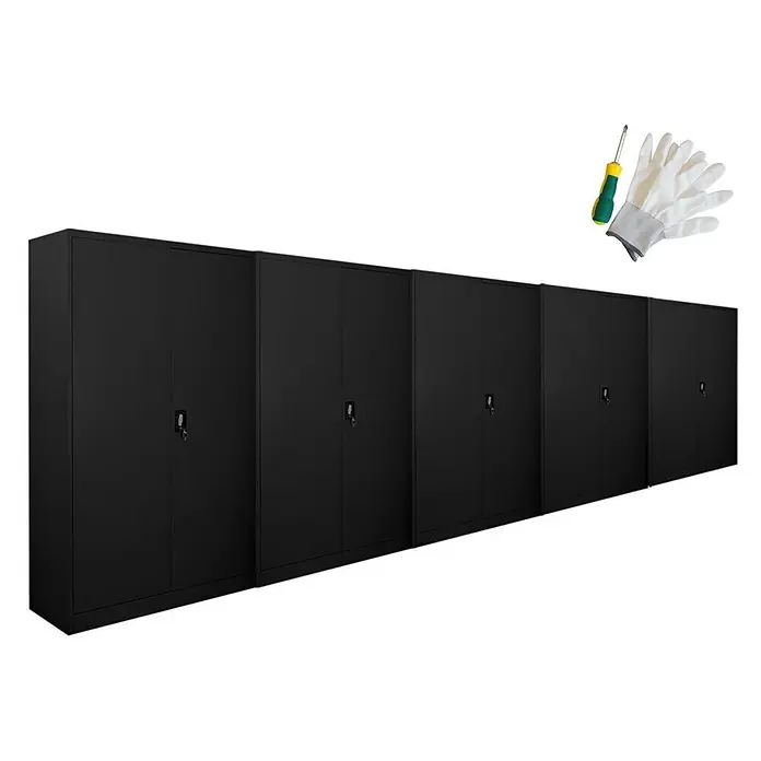 Proregal Aktenschrank Mega Deal 5x ELEPHANT mit 2 Türen, abschließbar - Schwarz - Reihe schwarzer Metallschränke mit Schraubendreher und Arbeitshandschuhen, für Montage oder Wartung.