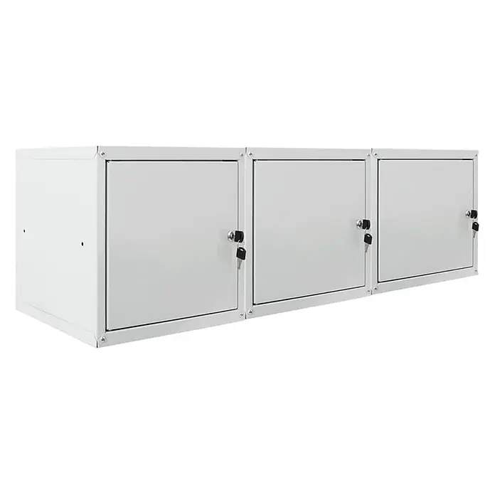 Proregal Schließfachschrank Mega Deal 3x Cubic XL - Grau, Zerlegt - Weißer Metallschrank mit drei abschließbaren Fächern und Schlüsseln.