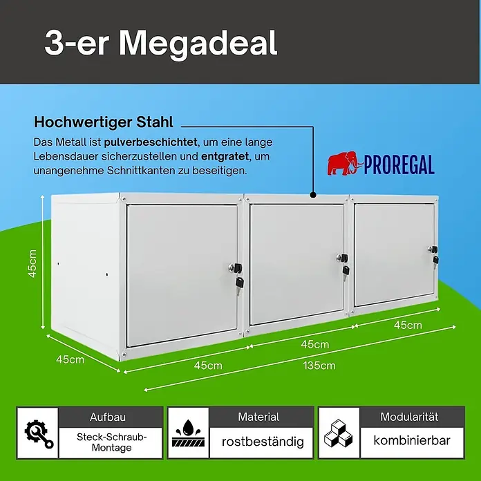 Proregal Schließfachschrank Mega Deal 3x Cubic XL - Grau, Zerlegt - Drei weiße modulare Stahlschränke mit Schlössern, 45cm hoch, 135cm breit, rostbeständig und kombinierbar.