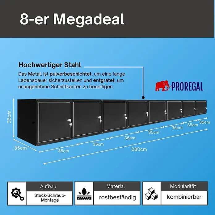 Proregal Schließfachschrank Mega Deal 8x Cubic - Schwarz, Zerlegt - Acht schwarze, pulverbeschichtete Stahl-Lagerschränke, je 35x35cm, gesamt 280cm lang. Rostbeständig und modular aufbaubar.