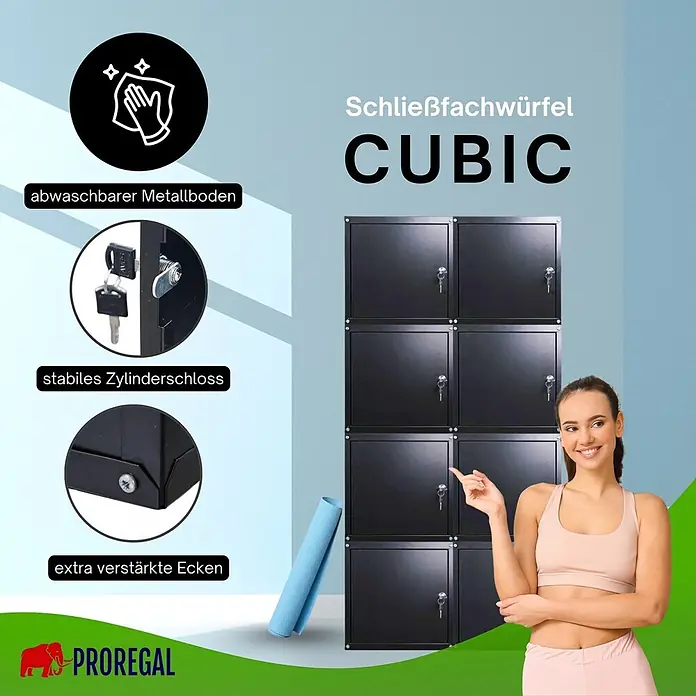Proregal Schließfachschrank Mega Deal 8x Cubic - Schwarz, Zerlegt - Schwarzes modulares Schließfachsystem CUBIC mit 8 Fächern. Merkmale: abwaschbarer Metallboden, stabiles Zylinderschloss, verstärkte Ecken.