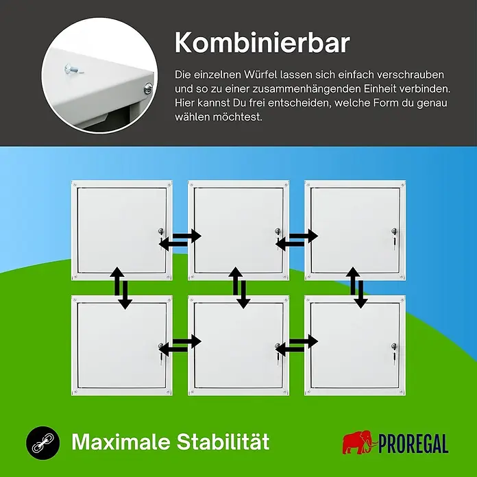 Proregal Schließfachschrank Cubic - Grau, Zerlegt - Weiße modulare Metall-Aufbewahrungswürfel mit abschließbaren Türen, zur Demonstration von Stabilität und Kombinierbarkeit verbunden.