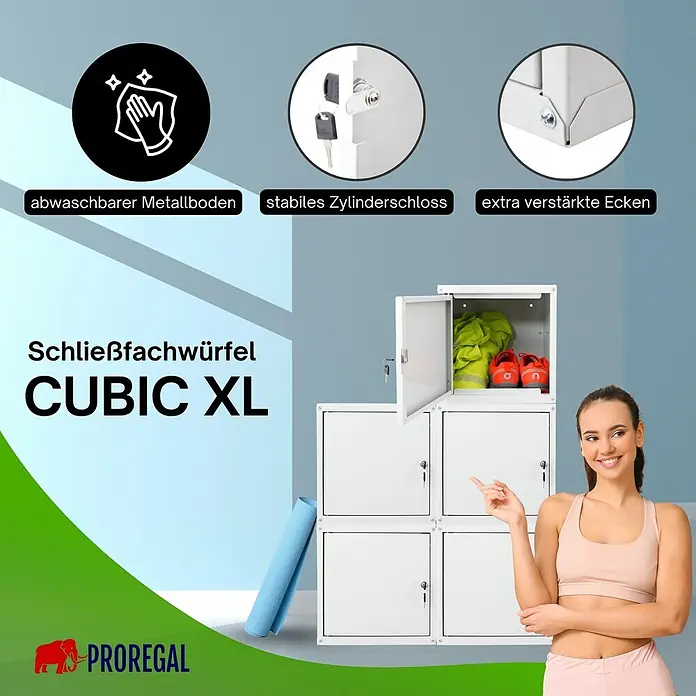 Proregal Schließfachschrank Mega Deal 5x Cubic XL - Grau, Zerlegt - Weiße, stapelbare Metallschließfächer mit Zylinderschlössern, eines geöffnet mit Sportkleidung. Eine Frau interagiert mit der Aufbewahrung.